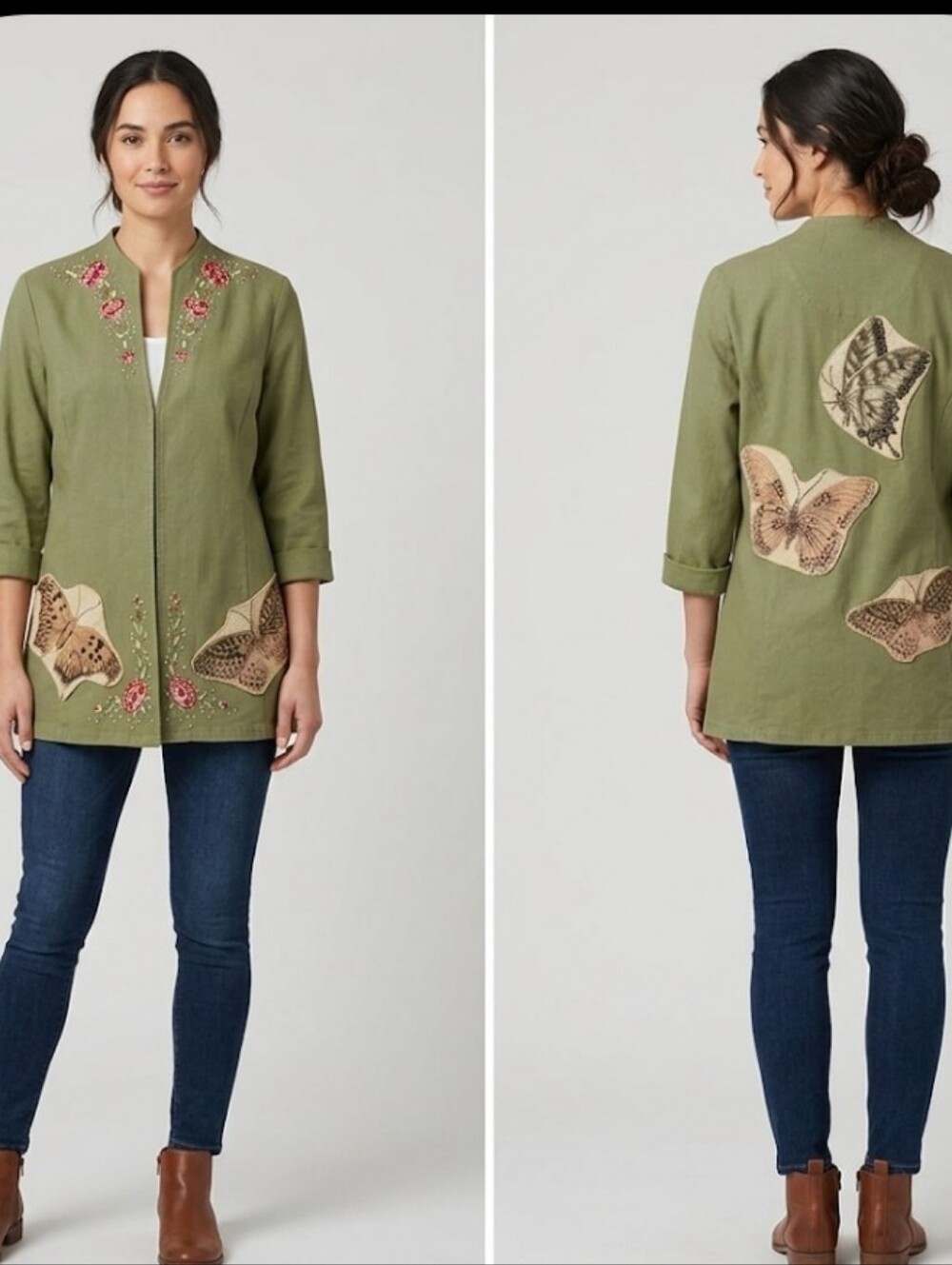 Upcycled Green Open Front Jacket M Moth Appliques Flowers Rhinestones